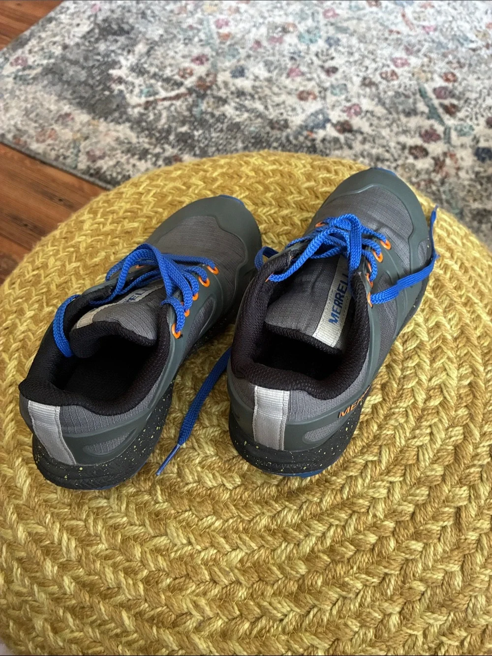 Merrell Kids Gray Sneakers with Blue Laces and Orange Eyelets